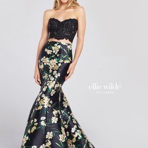 Size 00 black and yellow 2 piece prom dress by Ellie Wilde, like new condition.